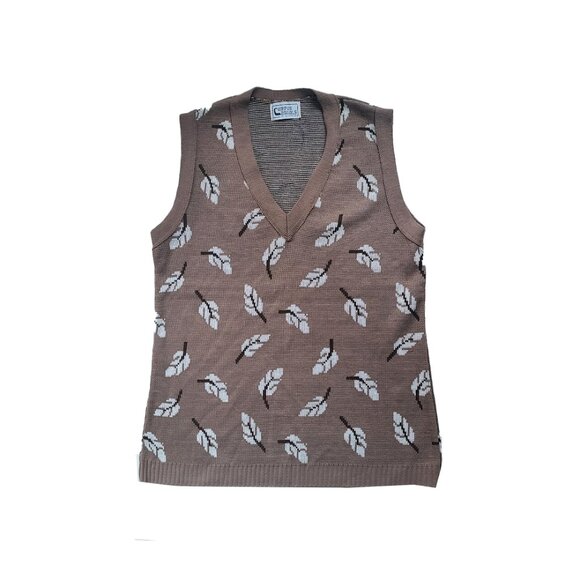 Women's Vintage Campus Knit Sweater Vest Geometric Leaves V-Neck Sleeveless - Picture 1 of 3